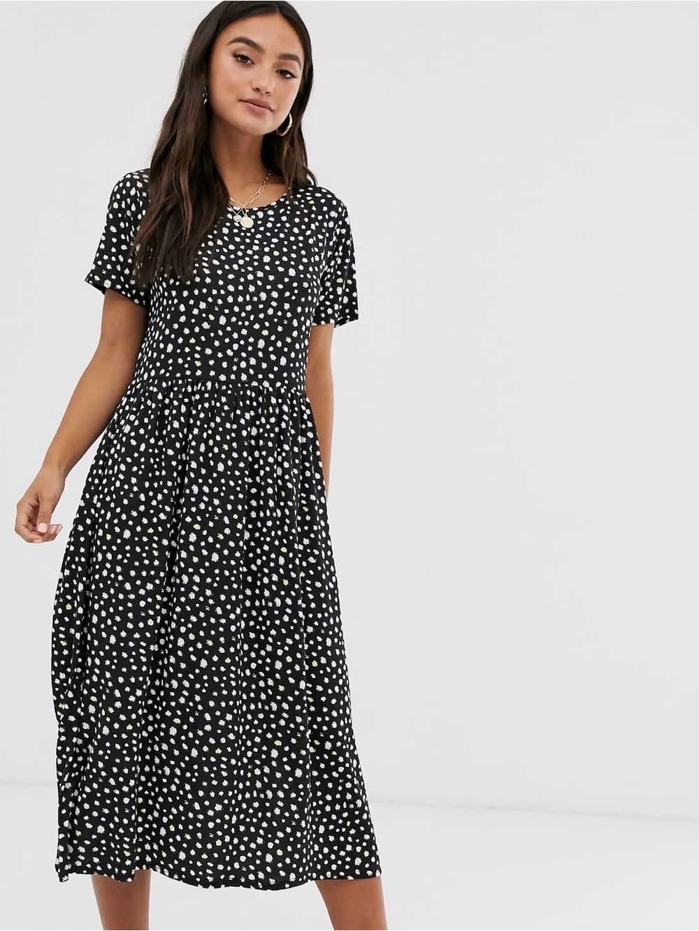 Wednesday's Girl Midi Smock Dress black Smudge Spot Dot Print Size s